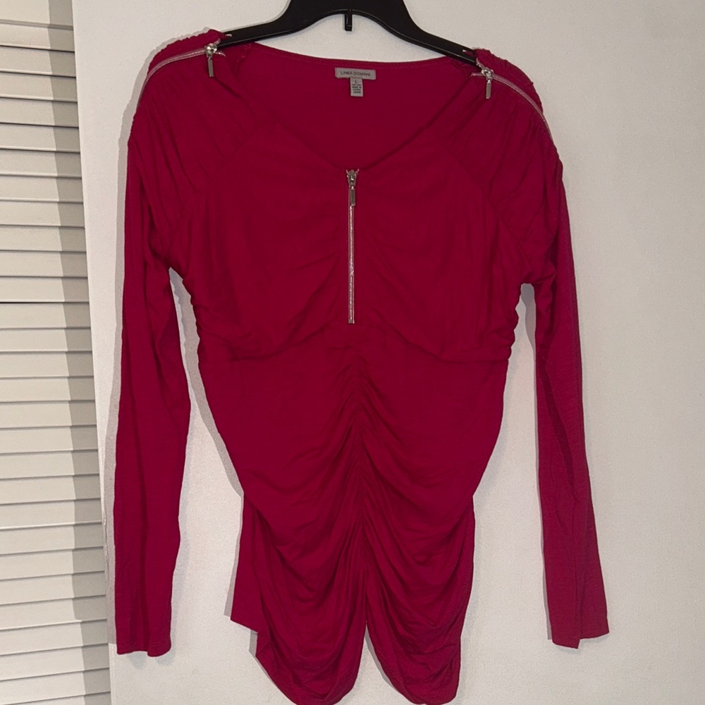 Chic Zippered Hot Pink Blouse with Zipper Shoulders & Front Gathered Middle L